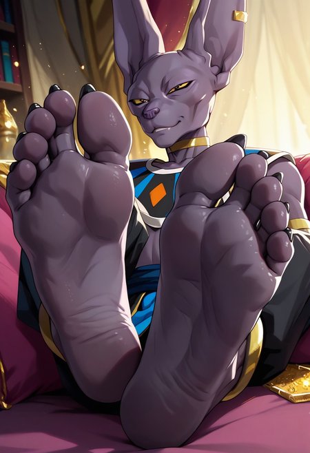 beerus, male, masculine,, score_9, score_8_up, score_7_up, score_6_up, score_5_up, score_4_up zPDXL, solo, light effects, (high quality:1), (feet close view:1.5), (feet focus:1.5), laying back, showing feet, 5 toes, black claws