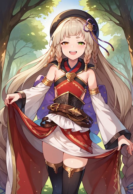score_9, score_7_up, hd, (ultra hd quality details), source_anime, outdoors,
solo, 1girl, gbfpholia, erune, brown eyes, green eyes, heterochromia,
phldef, multiple braids, beret, armored dress, bare shoulders, detached sleeves, wide sleeves, belt, white skirt, black thighhighs,
looking at viewer, blush, smile, upper teeth only, half-closed eyes,
standing,
<lora:_pholia_gbf-elesico-ponyC:1>