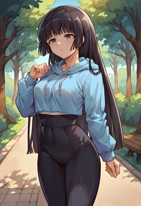 score_9, score_8_up, source_anime, 1girl, solo, SoryuinAkemi, long hair, hime cut, outdoors, park, blue hoodie, high-waist pants, yoga pants, black pants, light blush, <lora:ChamSoryuinAkemiPonyXL:1>