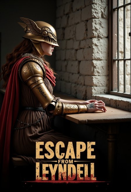 Movie poster. Title text "Escape from Leyndell" big text  in criminal style on bottom. second text "Marvel" marvel style. movie poster
a girl is MaleniaNorm in a prison uniform sits at a table in a prison cell and looks out the window. in gold armor. On her left arm the girl has a big tattoo with the words "Mikella". On her right arm the girl has a big tattoo with the words "Hidetaka". arm full focus. MaleniaNorm. 
old medieval prison.