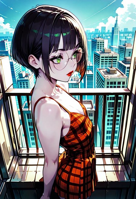 masterpiece, best quality, 32k, high resolution, absurdres, Polly, PollyRH,short hair, bobcut, black hair, bangs, green eyes, small breasts, almost flat chest, slim, pale skin, big round eyeglasses, clear eyeglasses lenses, nice round ass, red lipgloss, dynamic angle red tartan sleeveless dress, chocker, spiky wristbands, standing up, sexy look, outdoor, city, day, face closeup, looking away, pensive, parted lips, high angle view