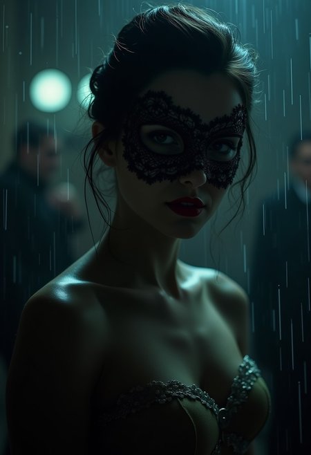 The night was thick with rain, its rhythmic drumming against the tall windows of the old manor blending with the low hum of jazz floating through the hall. Masks of every shape and shade cloaked the faces of the elite, men and women moving like shadows, their identities hidden behind velvet and silk, laughter muffled beneath the weight of their secrets. 
Then I saw her.
She moved through the crowd like smoke, dark and elusive, dressed in a shimmering gown that seemed to catch the light in all the right places. Her mask, a delicate lace that clung to her skin, revealed just enough to ignite the imagination, but concealed the most important parts: her eyes. Only her lips were exposed, painted in a shade of red that felt both dangerous and inviting, like a whispered secret. The kind that could get a man killed.