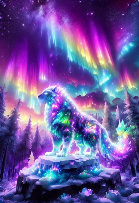 lazympos, morph-aurora, A platinum-tier animal sitting in  an aurora-lit crystal forest, prismatic light shards refract through ice formations, glowing celestial patterns dance across its obsidian collar, hyper-detailed fur texture with rainbow iridescence, 8k resolution.