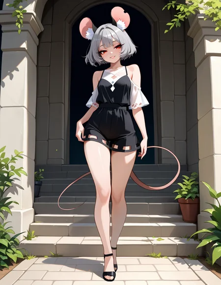 masterpiece, best quality, very aesthetic, absurdres,
outdoors,
full body,  standing, posing, 
seductive smile, parted lips, long eyelashes,
 <lora:Nazrin_v01_NAIXL:1>
N4zr1n,1girl,solo,mouse girl,mouse ears,animal ear fluff,short hair,bangs,grey hair,red eyes,mouse tail,
