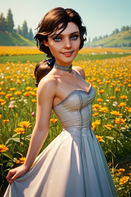 score_9, score_8_up, score_7_up, score_6_up, score_5_up, score_4_up
<lora:BioshockElizabeth:1.0>
BioshockElizabeth, 1girl, brown hair, ponytail, blue eyes, looking at viewer, in a field of tulips, golden hour, elegant dress, smiling