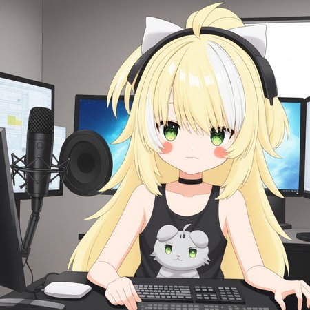 inis, blonde hair, ahoge, streaked white hair, green eyes, virtual youtuber, solo, 
anime drawing, indoors, computer monitors, boom microphone, tank top, ponytail, 
<lora:INIS-XL-t2-000003:0.6>