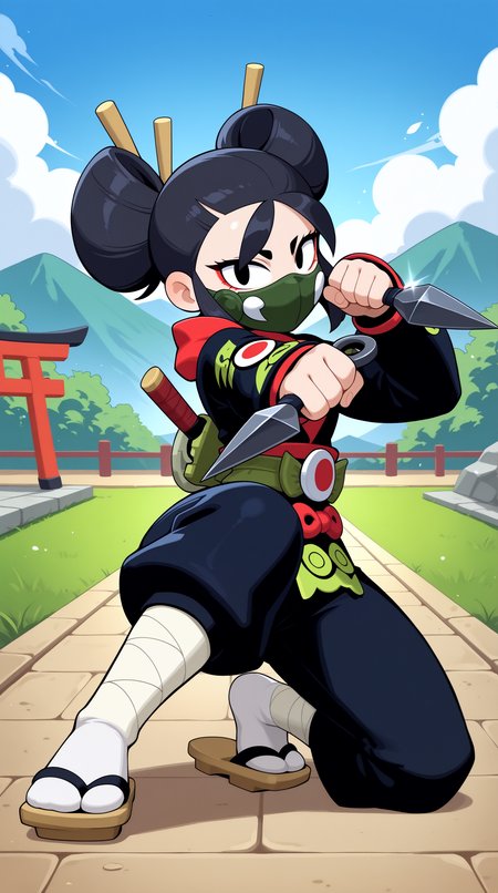 masterpiece, best quality, amazing quality, aesthetic,  absurdres, best quality, 4k, upscale, outdoors, japan, Torii, sky, landscape, 1girl, kaze, solo, 1girl, black hair, (dynamic pose, foreshortening), dual wielding, weapon, black eyes, hair bun, holding, double bun, japanese clothes, kunai, holding weapon, looking at viewer,  thick eyebrows, mask, sandals, makeup, eyeliner, mouth mask, ninja  <lora:Kaze_IL:0.8>