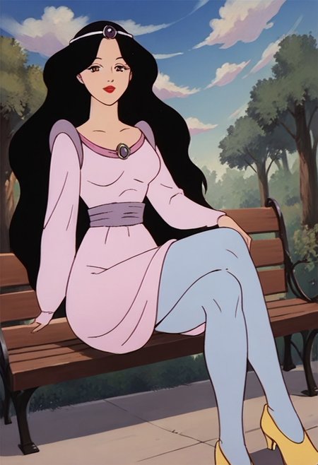 score_9_up, score_8_up, score_7_up, 1980s (style), retro artstyle, source_cartoon, rating_questionable 
JetLagSnowWhite, 1girl, black hair, long hair,  lipstick, makeup, red lips, brown eyes, tiara, circlet, jewelry, gem, dress, long sleeves, pink dress, purple dress, white dress, blue pantyhose, yellow footwear, shoes
solo, seductive, naughty face, sitting, crossed legs, outdoors, 1girl, bench, trees, sky, clouds, sun, looking at viewer, day, forest, cowboy shot, upper body focus, (Dutch angle:1.4), thighs