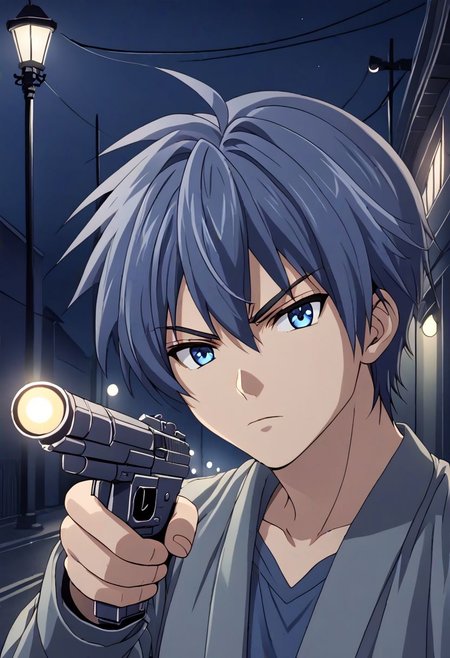 high resolution, solo, best quality, 1Boy, Tomoya Okazaki, Grey Blue Hair, portraits, midnight, dim street lights, mysterious, threatening, gun, aiming the gun to the viewer, OverallDetail