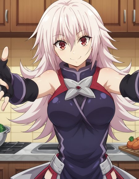 score_9, score_8_up, score_7_up, source_anime, <lora:matsuri-kazamaki-s1-v2-ponyxl-lora-nochekaiser:1>, matsuri kazamaki, long hair, red eyes, pink hair, hair between eyes, sidelocks, large breasts,, gloves, bare shoulders, black gloves, elbow gloves, fingerless gloves, ninja, kitchen, cooking, apron, cutting vegetables, home cooking, smile, , on back, arm support, arms up, incoming hug, pov, reaching, reaching towards viewer,, solo,, cowboy shot, dutch angle,