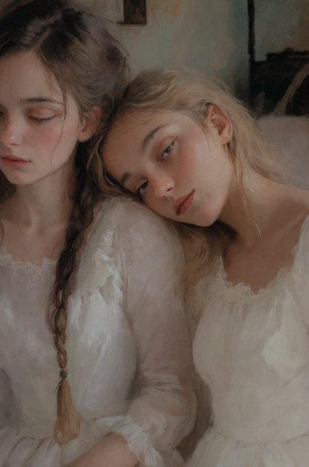 Impressionist painting graphic novel, masterpiece, extremely detailed, realistic painting, Wide range of colors., Dramatic,Dynamic,Cinematic,Sharp details
Insane quality. Insane resolution. Insane details. Masterpiece. 32k resolution.
in the 19th century, two girls sitting next to each other, dressed in white dresses, in a room with a bed and a chest of drawers in the background, one of them rests her head on the shoulder of her friend, gaze full of reveries and contemplation, Elinor Proby Adams, arthouse, an impressionist painting, neo-romanticism
 <lora:MJ52:0.6> <lora:add-detail-xl:1.5> <lora:Cute_Drawing:0.3>  . Loose brushwork, vibrant color, light and shadow play, captures feeling over form