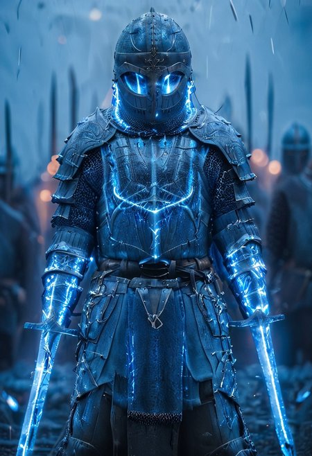 1man, armored Viking warrior in lamellar armor, wearing Viking helmet and lamellar armor, broken glass, reflection, glowing blue lightning, Dual Swords, Viking sword, blue flames, shatter, holding sword, glowing sword, motion blur, emphasis line, outdoor in the darkness, looking at viewer,