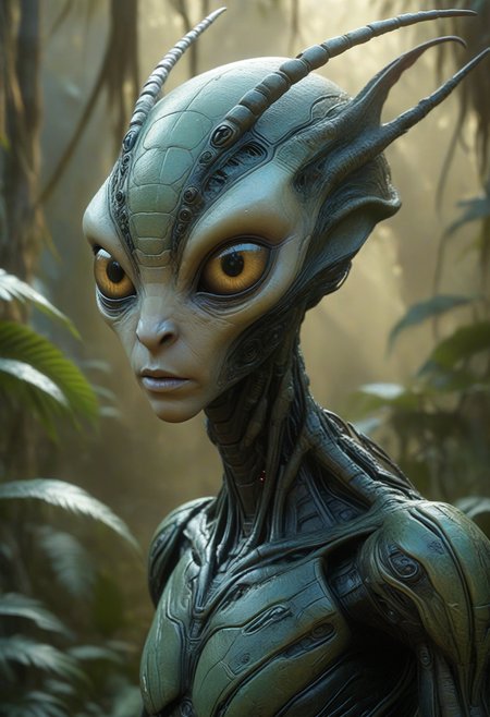 masterpiece, highly detailed, realistic, alien species (futuristic alien) with matte black veined skin, strange runes, insectoid body, luminous light brown eyes, short stubby antennae, webbed limbs, frills,cybernetic implants, set in a lush alien jungle, filled with colossal trees, strange plant life, luminous insects, hidden alien creatures, at twilight, <lora:alien-species:0.8>