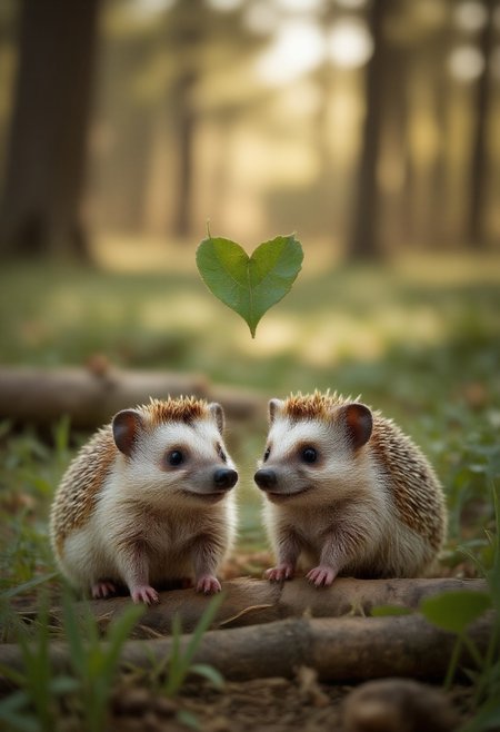 smolcute, tiny, two hedgehogs in the forest close to each other, professional photo, above there is a heart-shaped heart made of leaves
