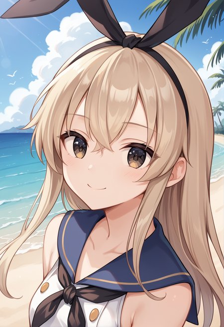 score_9, score_8_up, score_7_up, source_anime, masterpiece, best quality, highly detailed background, cinematic lighting, detailed eyes, detailed pupils, perfect face, solo,
Shimakaze, unique outfit, cute, smile, portrait,
beach, water, sand, clouds, midday, palm trees,
 <lora:shimakaze:0.8>