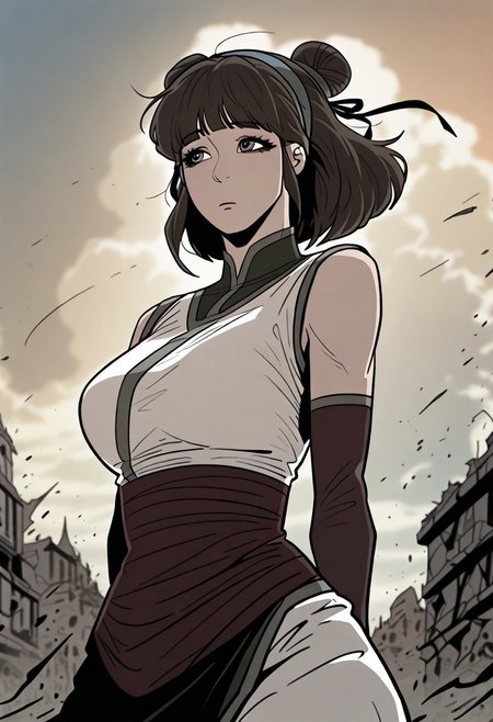 masterpiece, best quality, amazing quality, very aesthetic, miryeo, outfit1, double hair bun, short hair, blunt bangs, hairband, hair ribbon, gloves, elbow gloves, fingerless gloves, sleeveless,standing, wind, arms behind back, stretching arms behind back, leisure walk, looking away,, cinematic atmosphere, high contrast, blurry background, outdoors, ruin realm, clouds, destroyed world, reuined buildings floating in the sky, waterfalls in the sky,