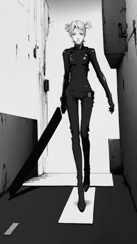 cibo, full body, black bodysuit, white background, best quality,  short hair, short twintails, front view, going, walls, floor, blade, jpeg artifacts, traditional media, manga