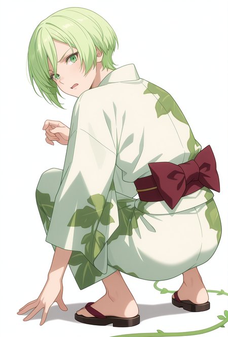 Smooth Quality,masterpiece,very intricate, high quality details, ultra realistic, high detailed skin,detailed enviorement,absurdres,
simple background, white background,solo,
from behind,panicking,crouching, one hand on ground, other on knee, intense gaze, balanced stance,  ,
 <lora:Trya_CNR:0.7> trya_cnr, 1girl,green hair, short hair, green eyes, androgynous, japanese clothes, kimono, yukata, white kimono, sash,vines,