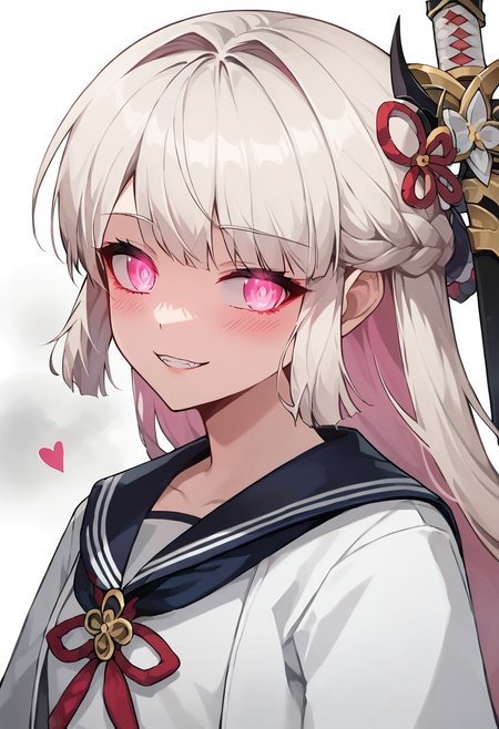 score_9, score_8_up, score_7_up, source_anime, rating_safe , 1girl, solo,long hair, white hair, pink hair, multicolored hair, braid, pink eyes,  japanese clothes, school uniform,glowing eyes,blush, evil smile, evil looking, 4k, detailed, from below, teeth, glowing eyes, yandere, upper body ,white background, half closed eyes, seductive look, naughy face, hearts, steam, vapor, katana on back, sword on back, cute, young, ((blush)), wide open eyes
