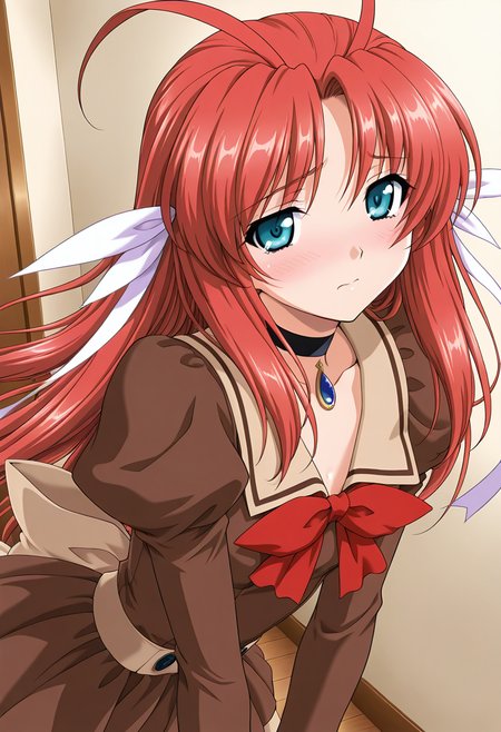 masterpiece,best quality,amazing quality, 1girl, c tear, long hair, red hair, antenna hair, aqua eyes, hair ribbon, brown dress, choker, blue brooch, red bowtie, juliet sleeves, long sleeves, beige bow, indoors, looking at viewer, shiny skin, blush, dutch angle,  <lora:Princess_Tear_ILLUS_c-000009:0.9>