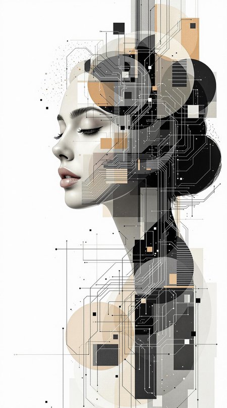 A woman with a serene expression, her head turned slightly to her right.  Her hair is dark, styled in a bun.  She is depicted in a manner reminiscent of abstract art or digital art; her form is fragmented and overlaid with geometric shapes and patterns.  These shapes and lines are in varying shades of beige, black, grey and white, creating a complex and layered effect. The background is stark white, allowing the overlapping design elements to stand out.  The style is not hyperrealistic, but rather a more atmospheric, stylized impressionistic approach.  The image evokes a sense of technology, possibly in a futuristic or cyber-aesthetic context. The composition is dynamic and full of visual interest, showcasing a blend of organic and geometric forms.  Intricate lines like circuit board patterns, or architectural structures are suggested through the graphic elements.  A sense of depth is created through the overlapping layers and graduated tones.  Include small specks and dots throughout the piece, adding to the complex design.