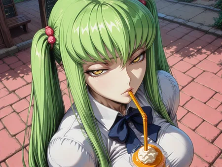 masterpiece,best quality,amazing quality,ultra detailed,
1girl,
 <lora:My_Muscle_Style_1:0.3>,muscular female, fit, skinny,
<lora:HyperdetailedColoredPencilIl:0.3> ArsMJStyle, <lora:Sinozick_style:0.3>Sinozick_illu,gradient,spot color
<lora:illustriousXL_stabilizer_v1.23:0.5>
<lora:GLSHS:0.7> SHSLG
 <lora:C.C._and_Kallen_Stadtfeld_Code_Geass:0.8> , C.C., green hair, long hair, yellow eyes, bangs, twintails,hair ornament,  
outdoors,cafe,drinking straw,  drink, 
school uniform, 
solo,large breasts, bowtie, 
dyamic angle,
close-up, portrait, 
looking at viewer, narrowed eyes, from above,