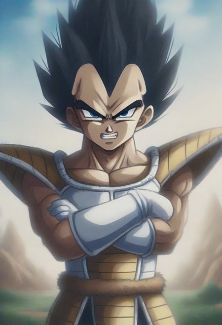 source_anime, pamcocomat, 1boy, vegeta, pamcocomat saiyan armor, upper body, crossed arms, looking at viewer, outdoors,spiky hair, black hair, Dragon Ball Z, angry, teeth, best quality, detailed face, detailed eyes
