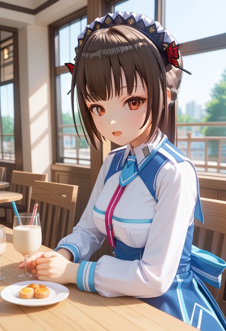 score_9, score_8_up, score_7_up, (1girl), chihara_yukine, brown hair, red colored eyes, (sensitive), (masterpiece), (best quality), schoolgirl uniform, white shirt, blue skirt, hair ornament, cafe, sitting on chair, kiwi smoothie on  table, looking at viewer, from side, looking at viewer, solo, open mouth, highres, absurdres, (newest), ((upper body)), (ultra detailed), shine, sunlight, lens flare,  <lora:chihara-local:0.9>