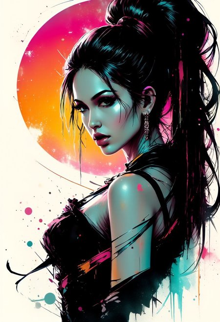 Silhouette Art, magnificent, ck-rw, in the style of ck-rw, inksplash portrait of stunning oriental woman, long hair, seductive, sultry, lustful, red lips, direct gaze, light hitting one side of face, gradient colour background