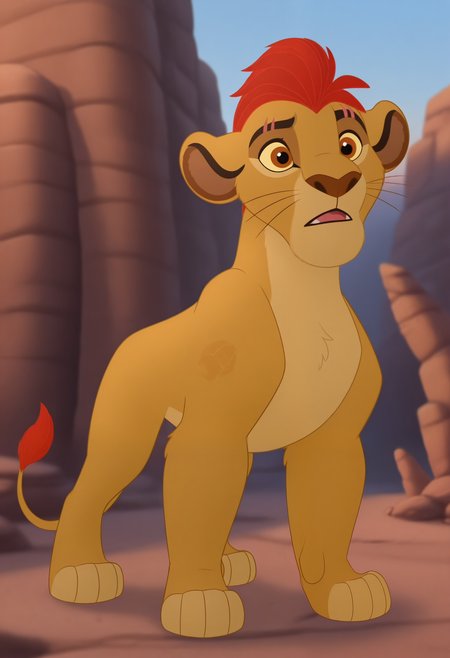 masterpiece,best quality,amazing quality, 1boy, solo, k10n, lion, brown fur, colored sclera, brown eyes, kion's scar, red mohawk, lion tattoo, full body, outside,