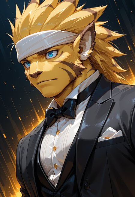 masterpiece, best quality, amazing quality, dutch angle, abstract background, BREAK
solo, 1boy, furry male, bof_rei, yellow body, tiger stripes, pointed ears, headband, blue eyes, tuxedo, black tuxedo, bow tie, upper body focus, BREAK
<lora:cfg_scale_boost:.6>  <lora:Rei_-_Breath_of_Fire_III_-_ILXL:1>