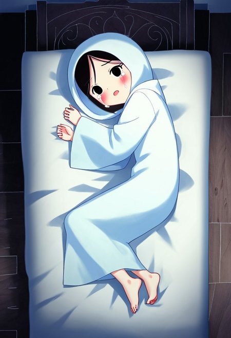 zPDXL3, source_cartoon, Perfect Hands, full body,
1girl, solo, bedroom, looking at viewer, saoirse, black hair, black eyes, blush, ghost, hood up, robe, barefoot, glowing, lying on bed, from above, lying on side, facing at viewer, feeling cold, eyes open, crying sadly, open mouth, sleeve past wrist, slim body, long body, highlight cloth wrinkle, anime style,
<lora:Perfect Hands:1>  <lora:Saoirse_-_The_Song_of_the_Sea-000009:1>