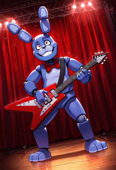 masterpiece, best quality, amazing quality, very aesthetic, absurdres, newest, detailed background,
cartoon, screencap, 
bonnie, rabbit ears, red bowtie,, 1boy, joints, animatronic
smile, teeth, red electric guitar, on stage, stage lights, dynamic pose, dynamic angle, wooden floor, red curtains,