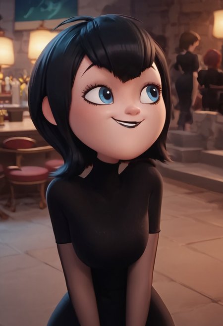 score_9, score_8_up, score_7_up, ultra quality, solo, 1girl, black hair, short hair, blue eyes, fangs, black lips, black nails, black dress, grey elbow gloves, striped pantyhose, red sneakers, , smug smile, butt focus, big hips, big butt, bubble butt, curvy, narrow waist, standing, looking to the viewer, upper body, view from above, close up, screencap