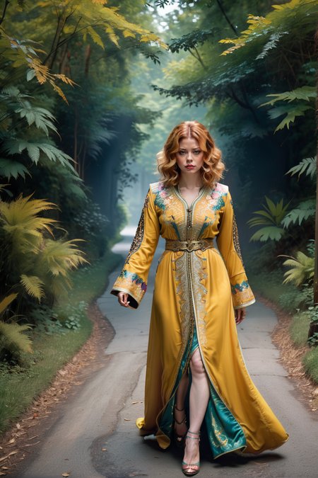 Depressing, Mustard and Psychedelic hue, Hopeful, tiger print color grading, triadic colors, delicate, Anime elegant Edo Period (Natasha Lyonne:1.3) , dressed in Change armor and Poulaine, Strolling pose, her hair is Digital Age, Angry, Polychromatic, Single Color, Flustered, High Contrast, cinematic lighting, Rule of Thirds, Albumen, three colors, <lora:CaftanXLv1:0.8> qftan, woman, dress, <lora:xl_more_art-full_v1:0.6>