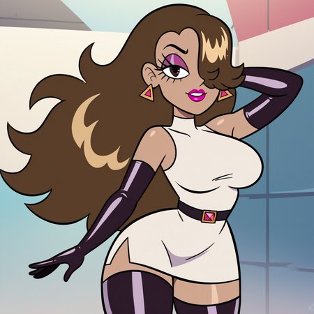 score_9, score_8_up, score_7_up, 1girl, Bamuipati, dark skin, brown hair, long hair, hair over one eye, brown eyes, makeup, lipstick, eyeshadow, earrings, large breasts, narrow waist, wide hips, looking at viewer, white dress, latex gloves, elbow gloves, latex legwear, thigh boots, highres, high quality, masterpiece, <lora:KpopActress:0.8>