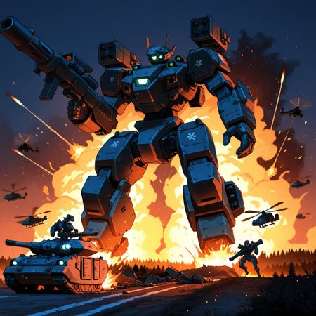 night-time, forest setting, city line in the distance, burning trees, small soldiers, masterpiece, best quality, amazing quality,  detailed background, embers, raging fires, mecha, mechwarrior style, Angular head, humanoid arms, heavily armored body, well proportioned body, smooth metal, holding a bazooka in its hand, stomping on a tank and crushing it beneath the mechs foot, mono eye, glowing Green eye, black and red colored mech, front view, silhouette of mech, looming large, illuminated by fire, heavily armored humanoid legs, shoulder mounted missile pods on the mechs shoulders, large booster pack, wide legs, leg boosters, Detailed hands, Wrecked vehicles, destroyed tanks, helicopters flying in the air, mech focus, running while firing, artillery tanks firing overhead, aerial explosions, smaller soldiers running below the mech, bullets bouncing off the mechs chest