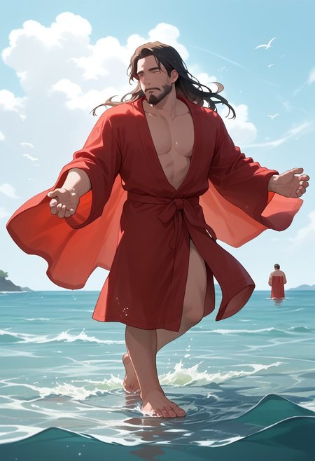 score_9, score_8_up, score_7_up, score_6_up,Jesus, god,Ankle deep water, In shallow water, feet in shallow water,robe,open arms,male,beard,sea,red towel,long hair,