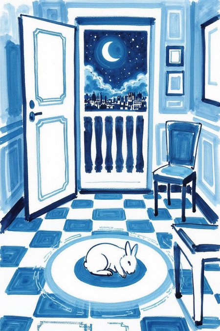 watercolor illustration. 
mawo1 A painting with a vibrant, abstract style. The scene depicts an room with an open door to a balcony at night. The background features a night sky with clouds and a half moon. The foreground is dominated by a blue and white tiled floor, with a pattern of irregular shapes and lines that create a sense of movement and depth. The is a bright patch of light on the floor, illuminating a a white baby rabbit sleeping on it.  <lora:minink1_cap_d6a3e12:1.0><lora:825133973136043882:0>