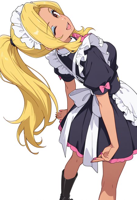 Smooth Quality,masterpiece,very intricate, high quality details, ultra realistic, high detailed skin,detailed enviorement,absurdres,
 <lora:Gotou_Shino_Shiipon_CNR:0.8> gotou_cnr, blonde hair,long hair, ponytail, brown eyes, dark-skinned female, mole, nail polish, eyeshadow,gotou_maid_cnr,maid, maid headdress, maid apron,black dress, short dress,puffy short sleeves, boots, frills,pink bowtie,, simple background, white background, from behind,solo,
seated with legs outstretched, hands planted behind, torso leaning back  ,, ;d,