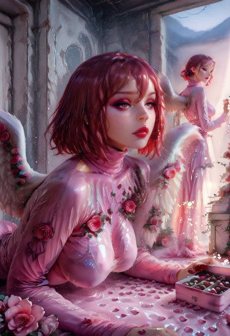 masterpiece, best quality, amazing quality, very aesthetic, absurdres, newest, (scenery, volumetric lighting),depth of field, 1girl,solo,sfw,(,,Cowboy Shot) ,rr makeup, portrait, lipstick, eyeliner,shishou \(cookie\), cookie \(touhou\), 1girl, red eyes, hair between eyes, red hair, short hair, medium hair, hair bobbles,, 1girl,  impending_doom, long sleeve, turtleneck, rf gown, pink flower, pink dress, flower, angel wings,, flower, roses, hearts, cherry blossom petals,box of chocolates,medium breasts, medium and teardrop shaped breasts,(covered breasts:1.3),curvy,skindentation,crawling, romantic, in love, wet water drop, lying_on_water, detailed wet clothes, wet hair,dramatic_sky, distrail,solo focus, unsr,,(shiny skin:0.7),(sakimichan:0.8,wlop:0.5),masterpiece, best quality, amazing quality, very aesthetic, absurdres, newest, (scenery, volumetric lighting),depth of field,gobo lighting,lif \(lif-ppp\),  <lora:memento mori:0.6> <lora:MoriiMee_Gothic_Niji_Style_Illustrious_r1:0.8> artist:moriimee <lora:ral-vltne:1> ral-vltne <lora:TQ_-_Rustic_Wooden_Valentines_Day_Backdrops:1>  <lora:GOBOLightingILL:1> gobo lighting, shadows <lora:romanticredeyeshadowILL:0.8>  <lora:RealflowergownILL:1>