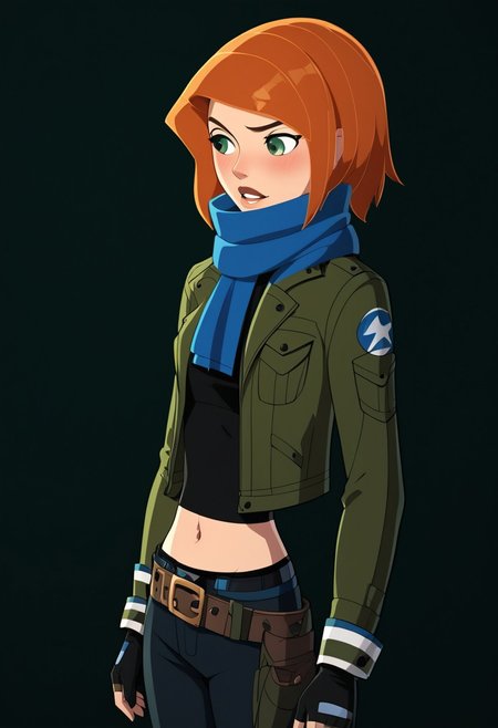 score_9, score_8_up, score_7_up, score_6_up, score_5_up, score_4_up, BREAK, 
1girl, solo, blush, gloves, green eyes, scarf, navel, jacket, orange hair, belt