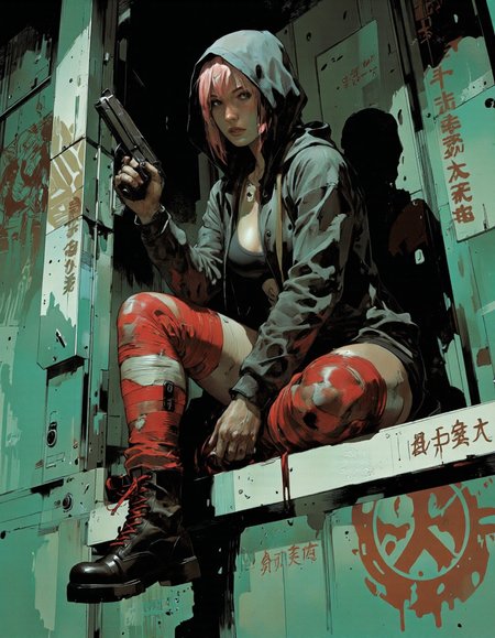 IllusFactor1. A digital illustration shoot from a low-angle perspective about a female character sitting on a ledge in a futuristic setting, wearing a hooded outfit and holding a gun, with a green background featuring a geometric pattern and Japanese text. the image also shows a dark-skinned woman with pink hair and a hood, sitting in the middle of the image, looking directly at the viewer with a serious expression. she is wearing a black hoodie, a black tank top, and red bandages wrapped around her legs, along with black boots with red laces. her body is slim, and she is holding a handgun in her right hand. the lighting is dramatic, casting shadows on her face and body, and the overall style is reminiscent of comic book art, with bold lines and vibrant colors.