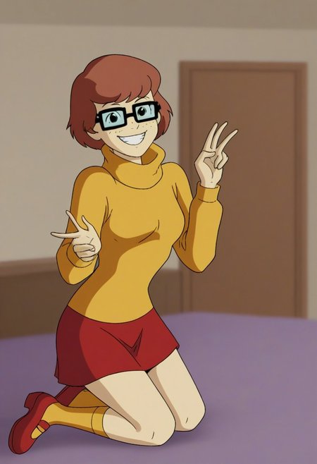 short hair, brown hair, square rim glasses,  brown freckles, slim waist, turtleneck sweater, yellow turtleneck, baggy turtleneck, red skirt, yellow knee socks, red mary jane shoes, smiling, looking at viewer, bedroom, crawling towards viewer, on all fours, seductive, teasing, flirting, smile, grin, 1 girl, solo