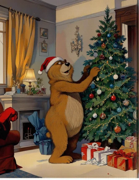 <lora:chzcat:1>, A cheerful cartoon bear decorating a Christmas tree in a festive living room. The bear is standing on tiptoes, placing ornaments on the tree with excitement, surrounded by twinkling lights and wrapped gifts underneath the tree.