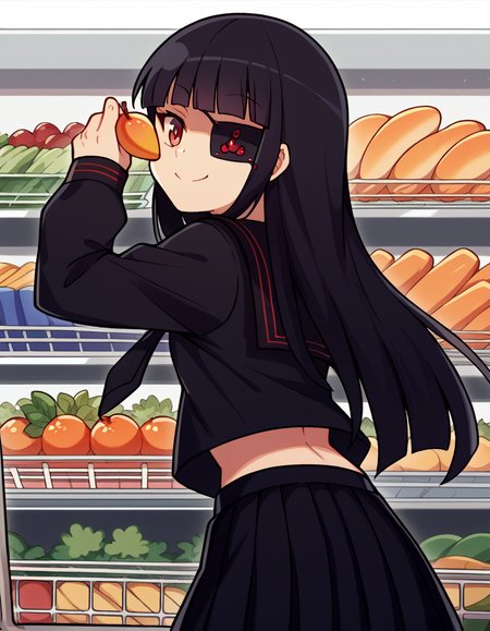 score_9, score_8_up, score_7_up, source_anime, <lora:sk-mirai-s1-ponyxl-lora-nochekaiser:1>, mirai, long hair, black hair, red eyes, eyepatch, bangs, blunt bangs,, skirt, shirt, long sleeves, navel, school uniform, pantyhose, pleated skirt, necktie, serafuku, midriff, black skirt, sailor collar, black shirt, black sailor collar, black serafuku,, grocery store, shopping cart, picking fruits, everyday life, smile, <lora:shaft-look-ponyxl-lora-nochekaiser:1>, shaft look, looking back, from behind, head tilt,, looking at viewer, solo,, dutch angle, cowboy shot