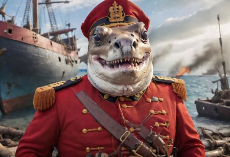 A fat anthropomorphic hammerhead shark in warm red British soldier uniform, sunken ship under the lagoon background, huge eyes, no neck, small mouth, flat head elongates to two sides, eyes sticking out