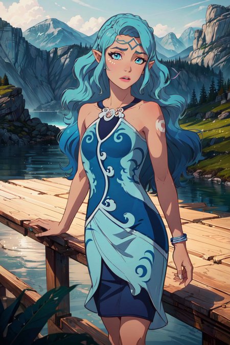 (NaidaRiverheart:1.5), (blue hair, blue eyes, long wavy hair), light blue to dark blue gradient hair, (realistic:1.2), (masterpiece:1.2), (full-body-shot:1),(Cowboy-shot:1.2), neon lighting, dark romantic lighting, (highly detailed:1.2),(detailed face:1.2), (gradients), colorful, detailed eyes, (detailed landscape:1.2), (natural lighting:1.2), close shot, solo, 1girl,  <lora:LEGOElvesNaida-10:0.8> <lora:add_detail:0.3> <lora:BeautifulEyes:0.6>