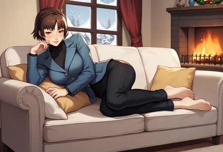 score_9, score_8_up, score_7_up, source_anime,  1girl, solo, on side, seductive smile, looking at you, half-closed eyes, blush, BREAK <lora:MakotoP5-pdxl:1> winMako, short hair, crown braid, blue jacket, big breasts, black turtleneck, long sleeves, black pants, barefoot, indoors, couch, fireplace, window, snow