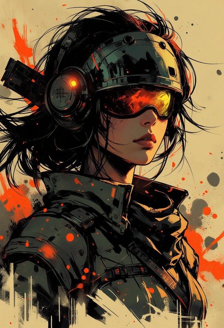 in the style of ck-mgs, nistyle, Special Ink-drawing mode, intricate linework with expressive contrasts, Mh1$AgThS2, Inkplash art on rice paper, sepia, henna , Silhouette Art, magnificent, inksplash closeup portrait of stunning japanese female sc-fi soldier, helmet, mirrored visor reflecting jungle environment